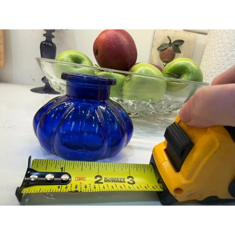 Vintage Cobalt Blue Glass Ribbed Pumpkin Bud Vase Round Squat 3x4in